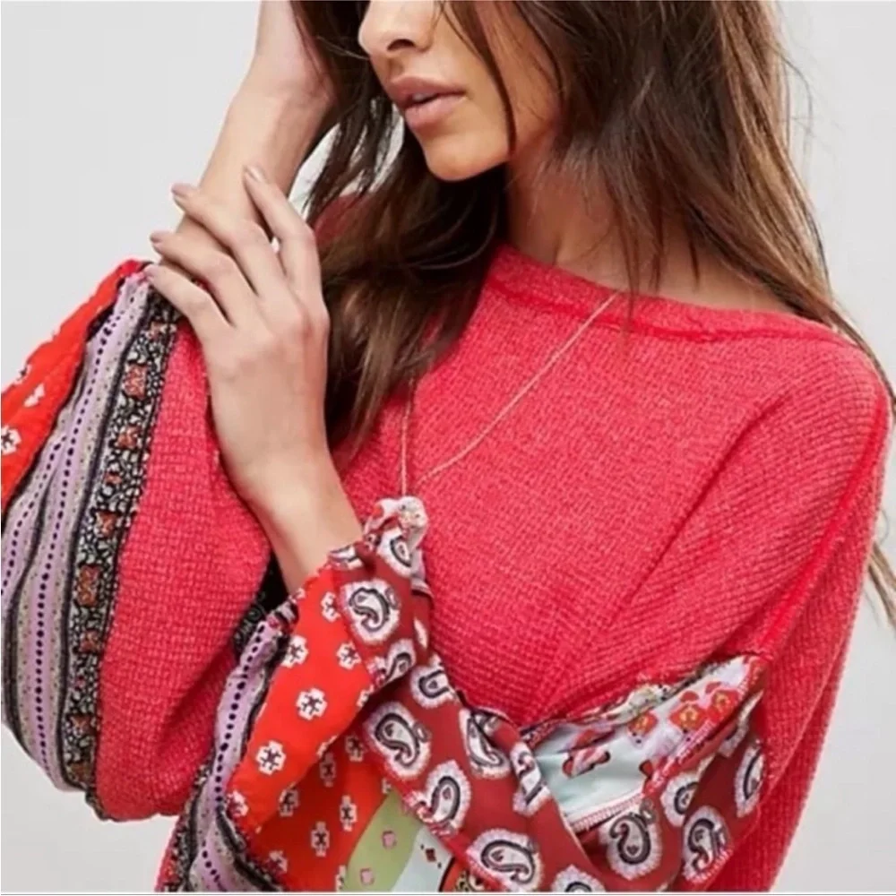 Free People We The Free Blossom Patchwork Balloon Sleeve Boho Thermal Top